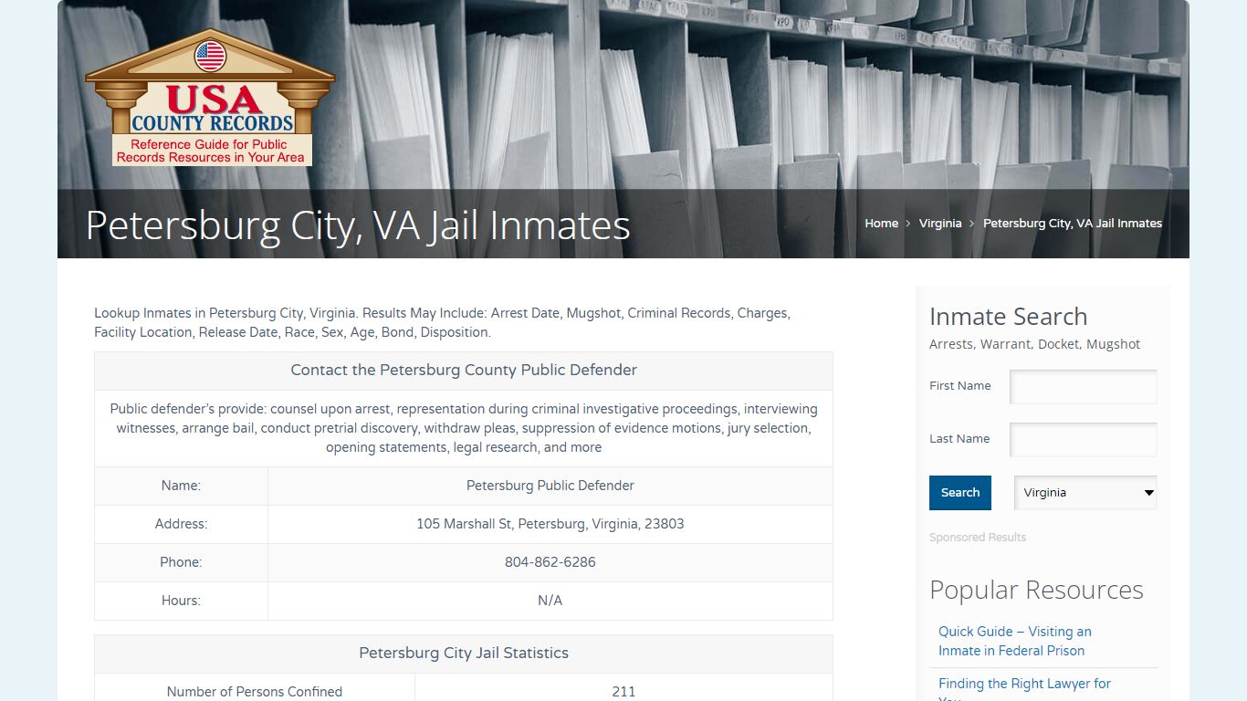 Petersburg City, VA Jail Inmates | Name Search